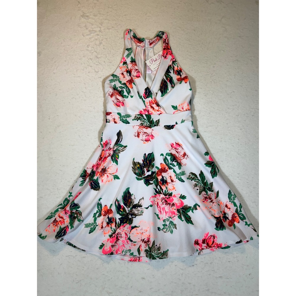 Pink Lily Boutique Floral Fit and Flare Dress White Pink V-Neck Mini Racerback S